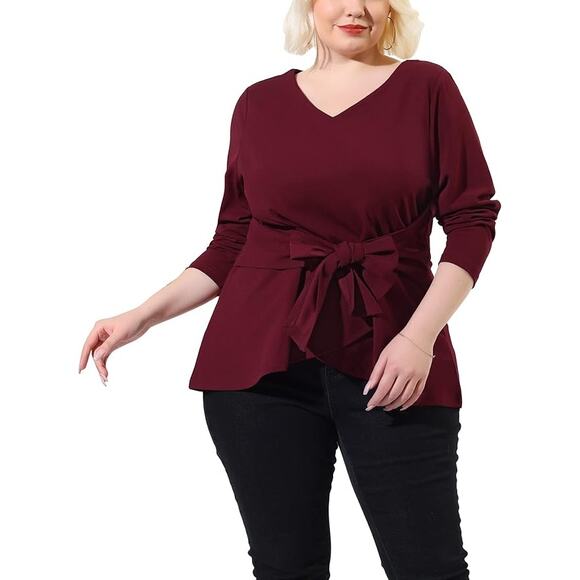 Peplum Style Burgundy Belted Knot Tie Top Agnes Orinda Women's Plus Size 3X - Picture 3 of 8
